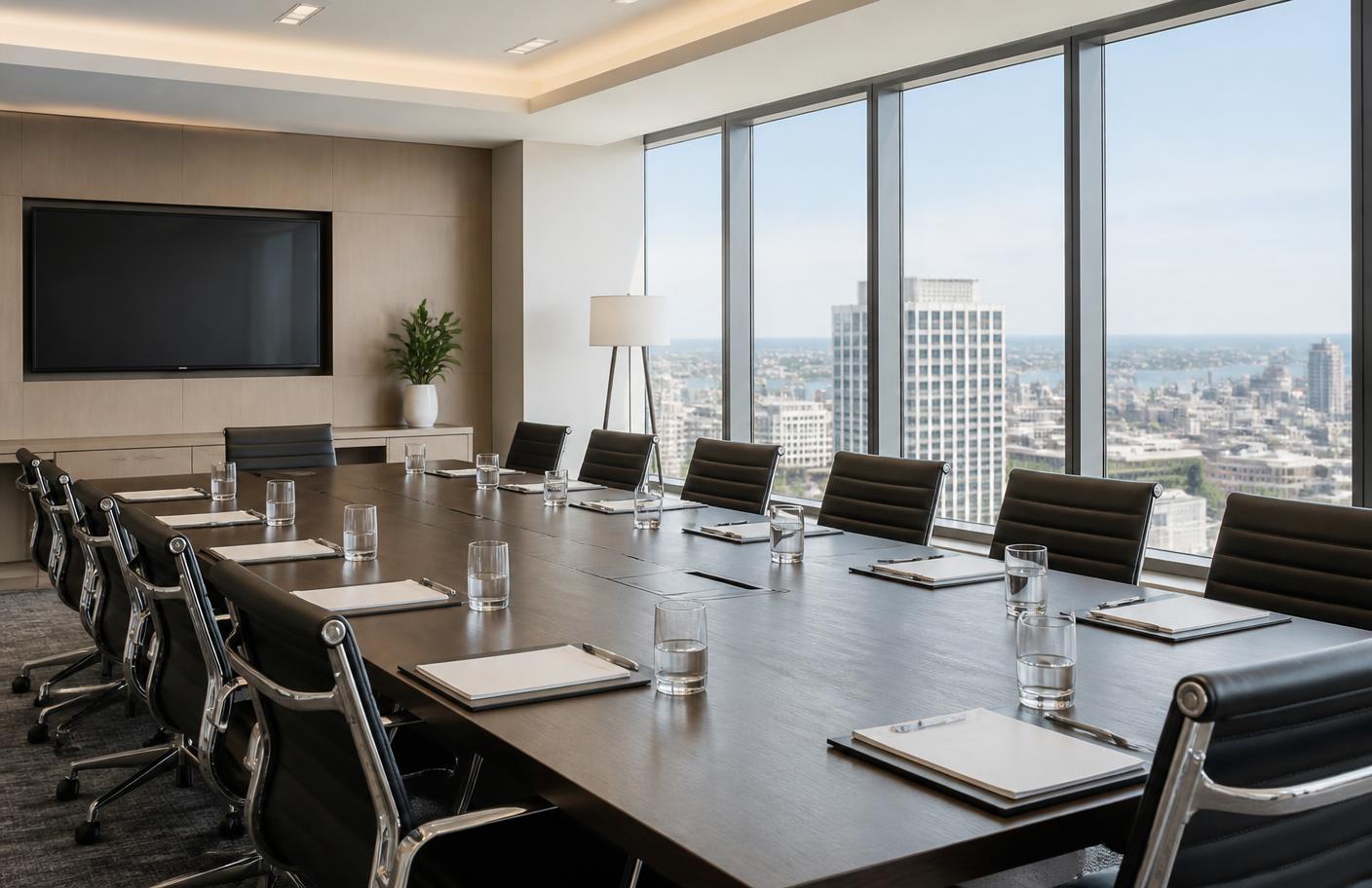 Modern conference meeting room with a long table and city view